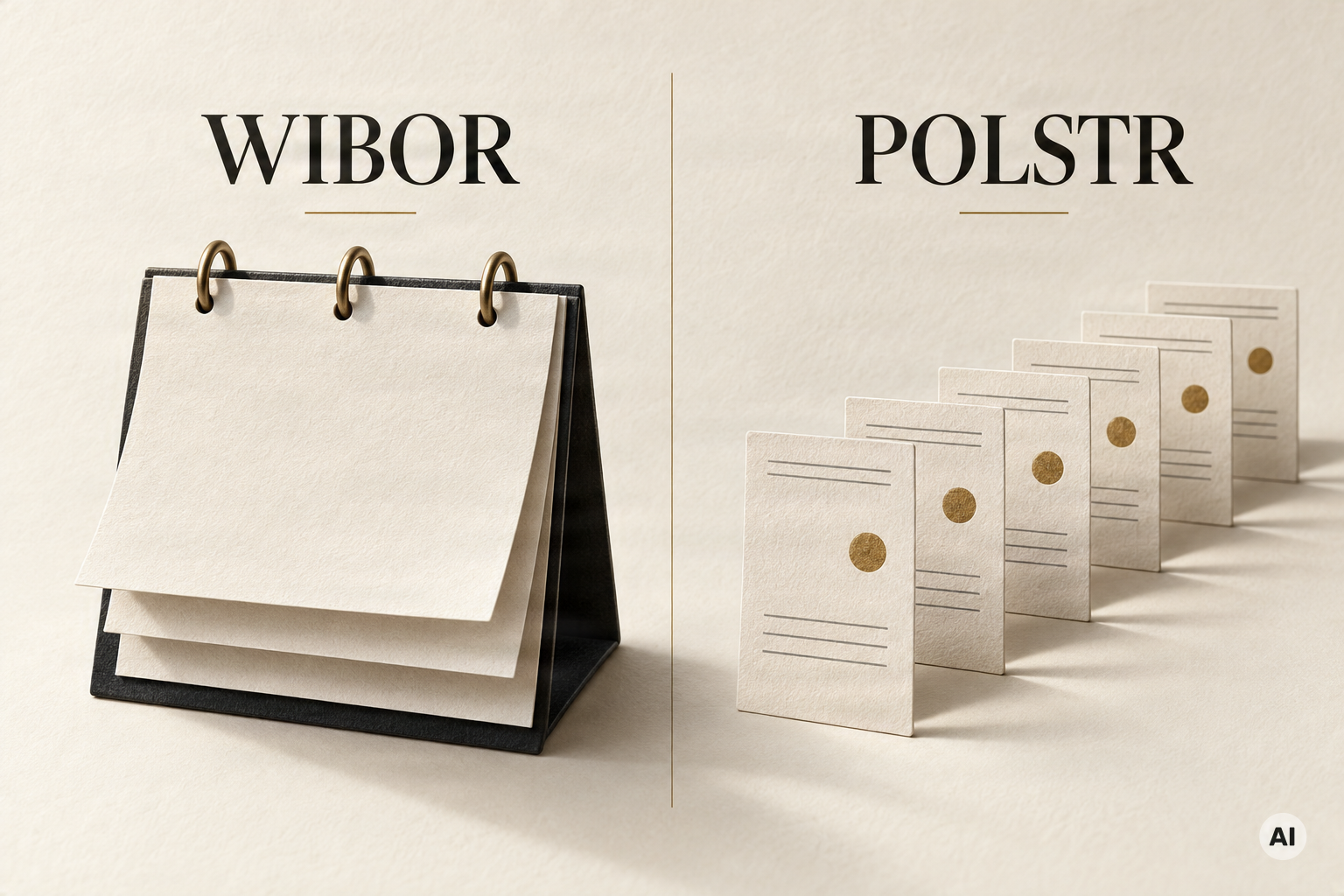 WIBOR i POLSTR - ilustracja porównawcza z kalendarzem i kartami transakcji, wygenerowana przez AI